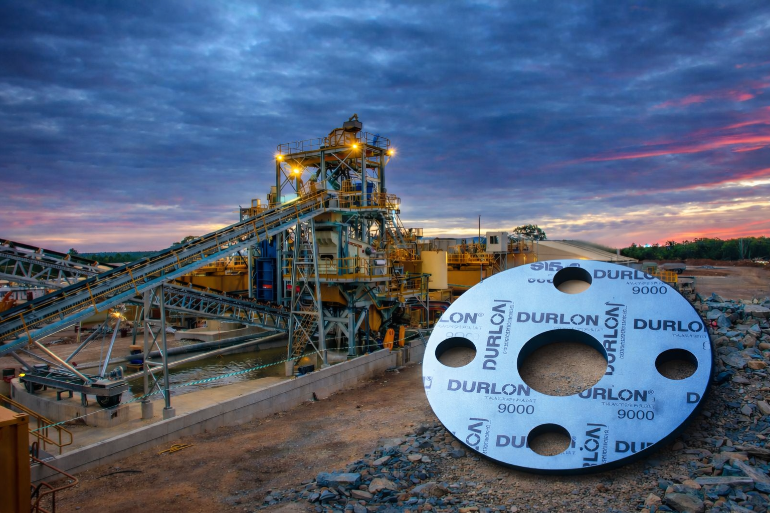 Durlon 9000 PTFE gasket overlaid in front of a mining facility at sunset