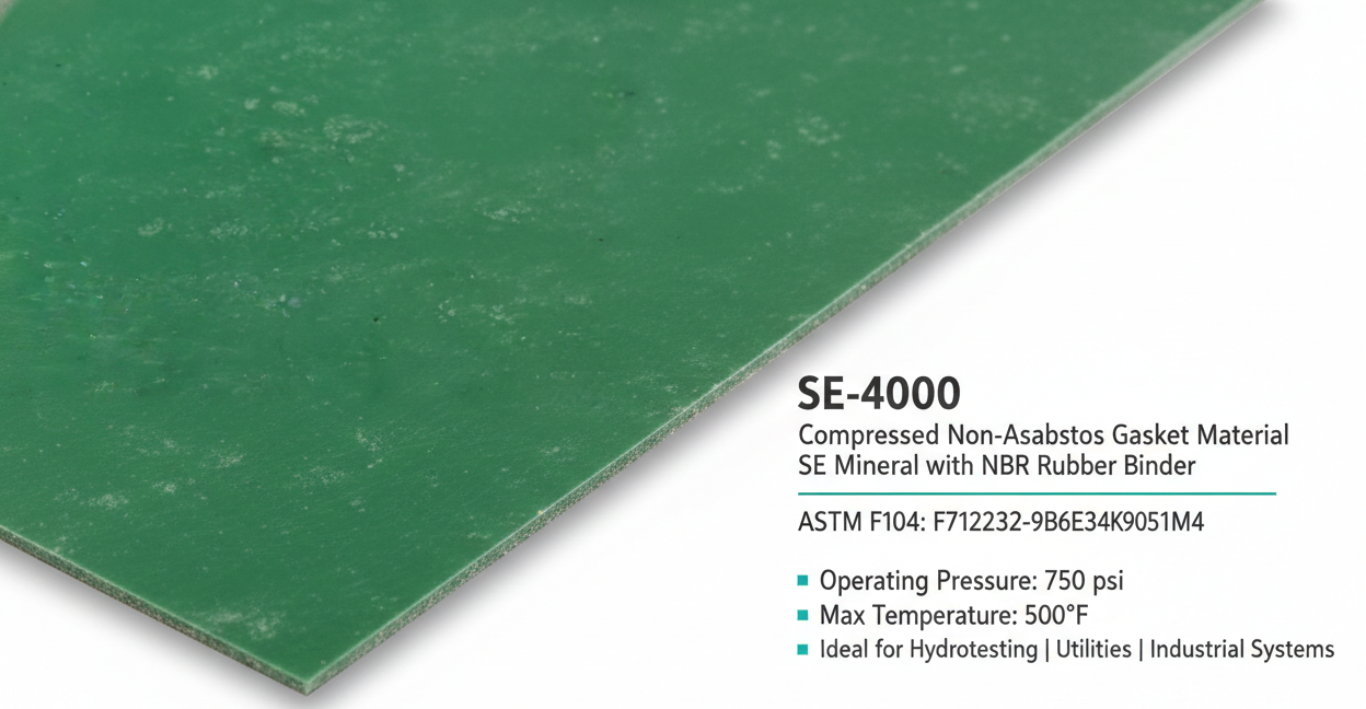 SE-4000 compressed green gasket sheet with SE mineral fibers and NBR binder, shown with ASTM classification and operating specifications for hydrotesting
