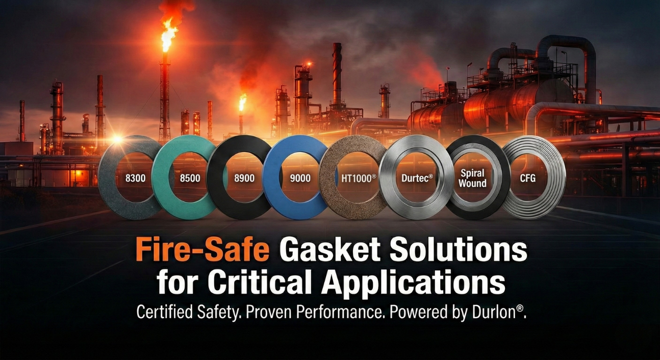 Fire-safe gasket solutions from Durlon including 8300, 8500, 8900, 9000, HT1000, Durtec, Spiral Wound, and CFG in front of a refinery
