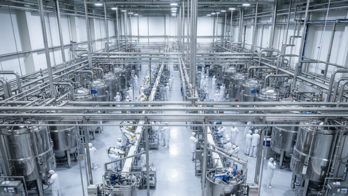 Overhead view of stainless steel food processing facility representing FDA compliant gasket materials used with Durlon® sealing solutions