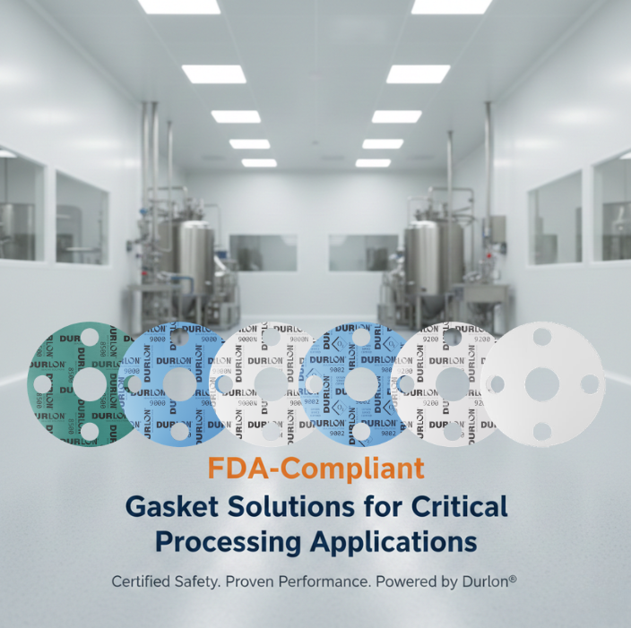 Durlon<sup style='font-size: 65%;'>®</sup> FDA-compliant gasket materials (8500, 9000, 9000N, 9002, 9200, 9600) displayed in pharmaceutical cleanroom environment”<br />
      style=”width:100%; height:auto; display:block;”<br />
    />
  </div>
</div>
<div style=