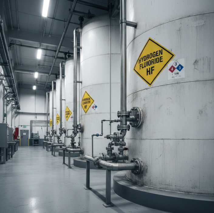 Industrial hydrogen fluoride storage tanks with piping and hazard signage inside a chemical processing facility