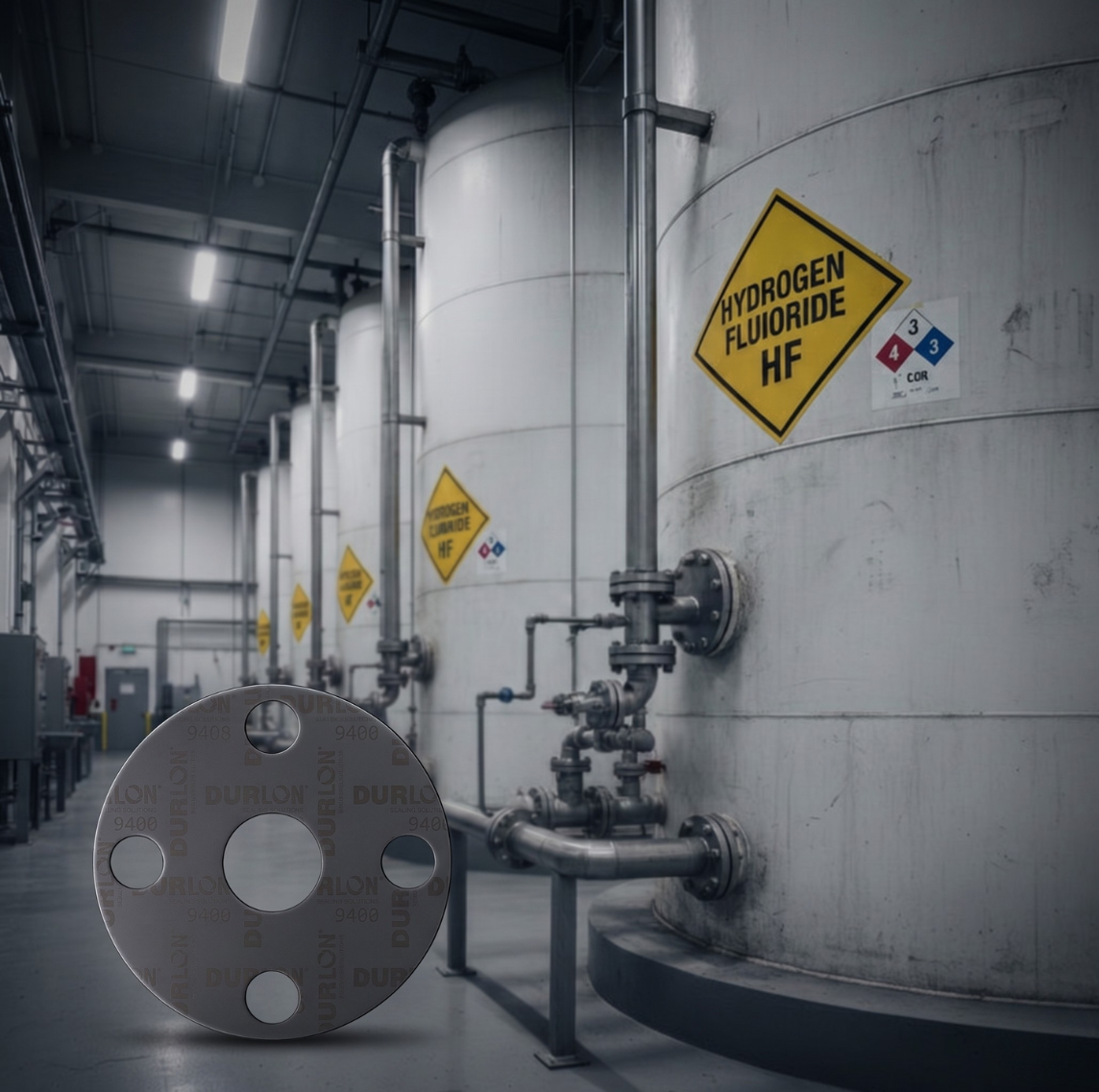 Durlon 9400 hydrogen fluoride gasket shown in front of industrial HF storage tanks in a chemical processing facility